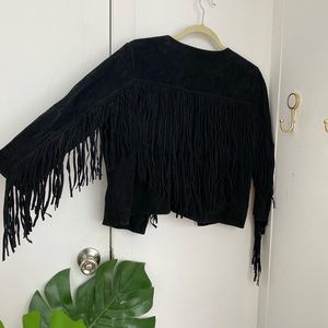 Black Cropped Suede Fringe Jacket
